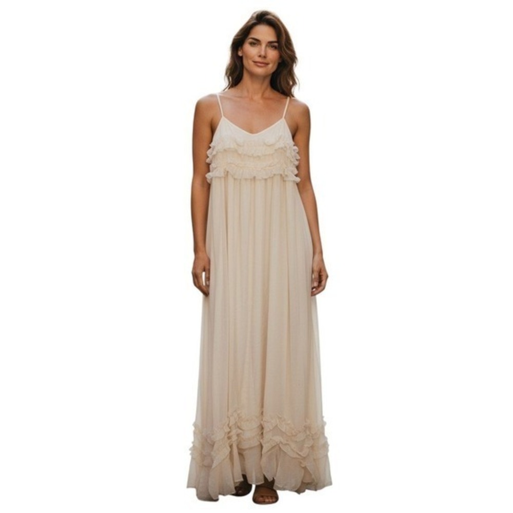 Young Fabulous & Broke Cream Ruffle Maxi Dress Sz L Smocked Back Boho‎